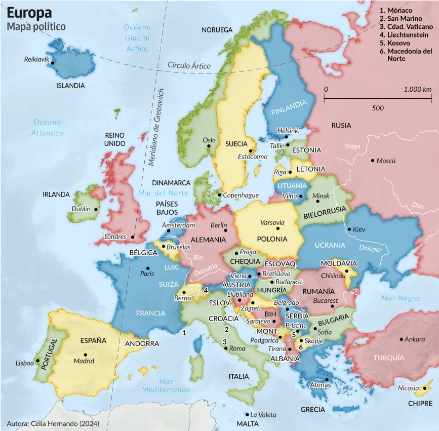 Mapa político de Europa con nombres de países